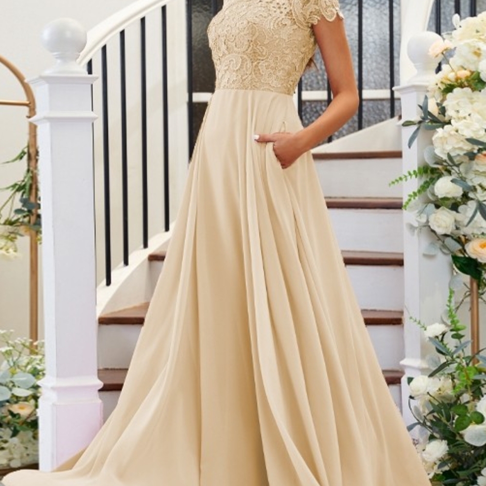 Cream Flutter Sleeve Gown for Wedding Guests - Picture 3 of 3